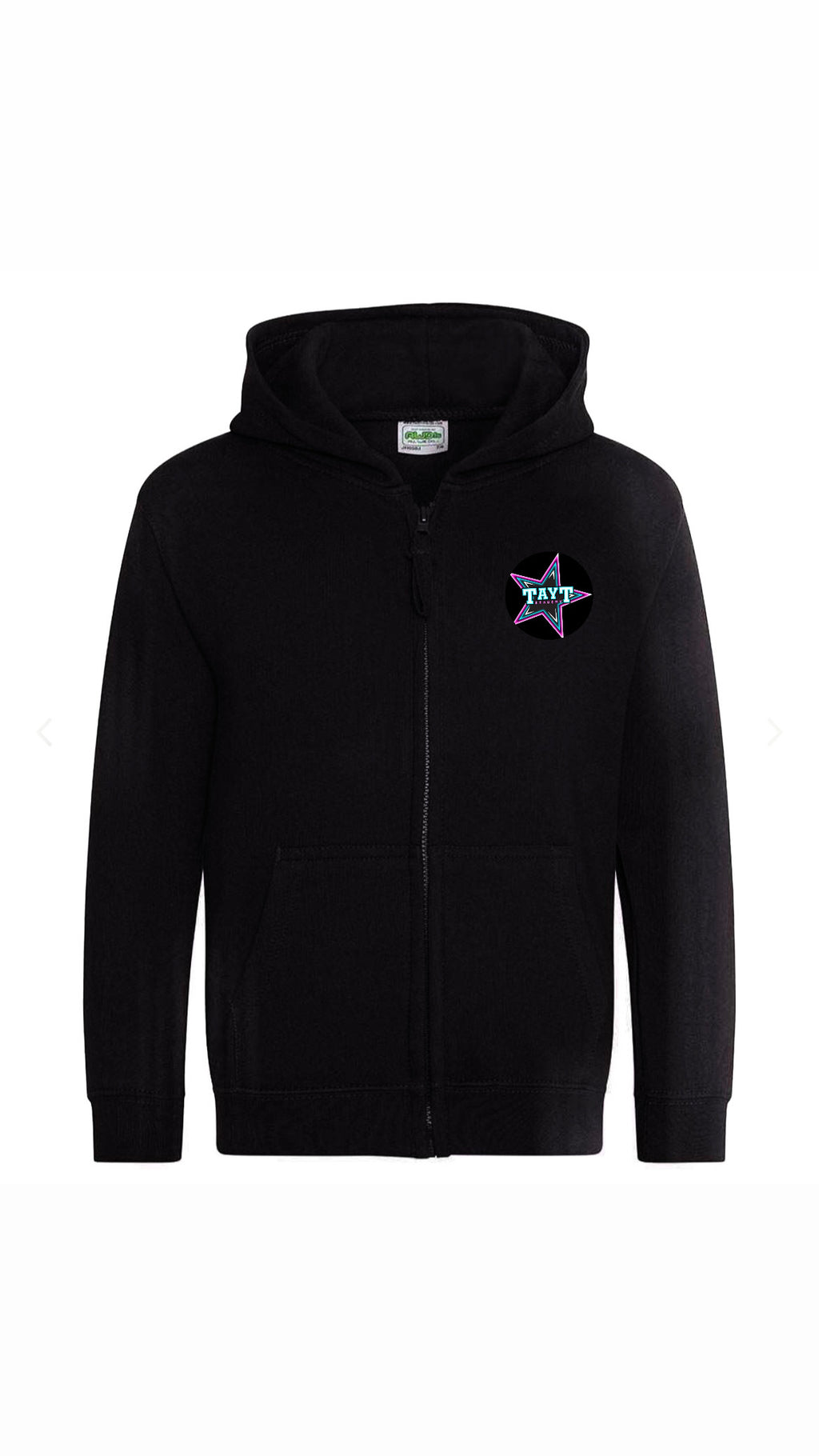 Tayt Black zip up hoodie with left chest logo and large logo on back