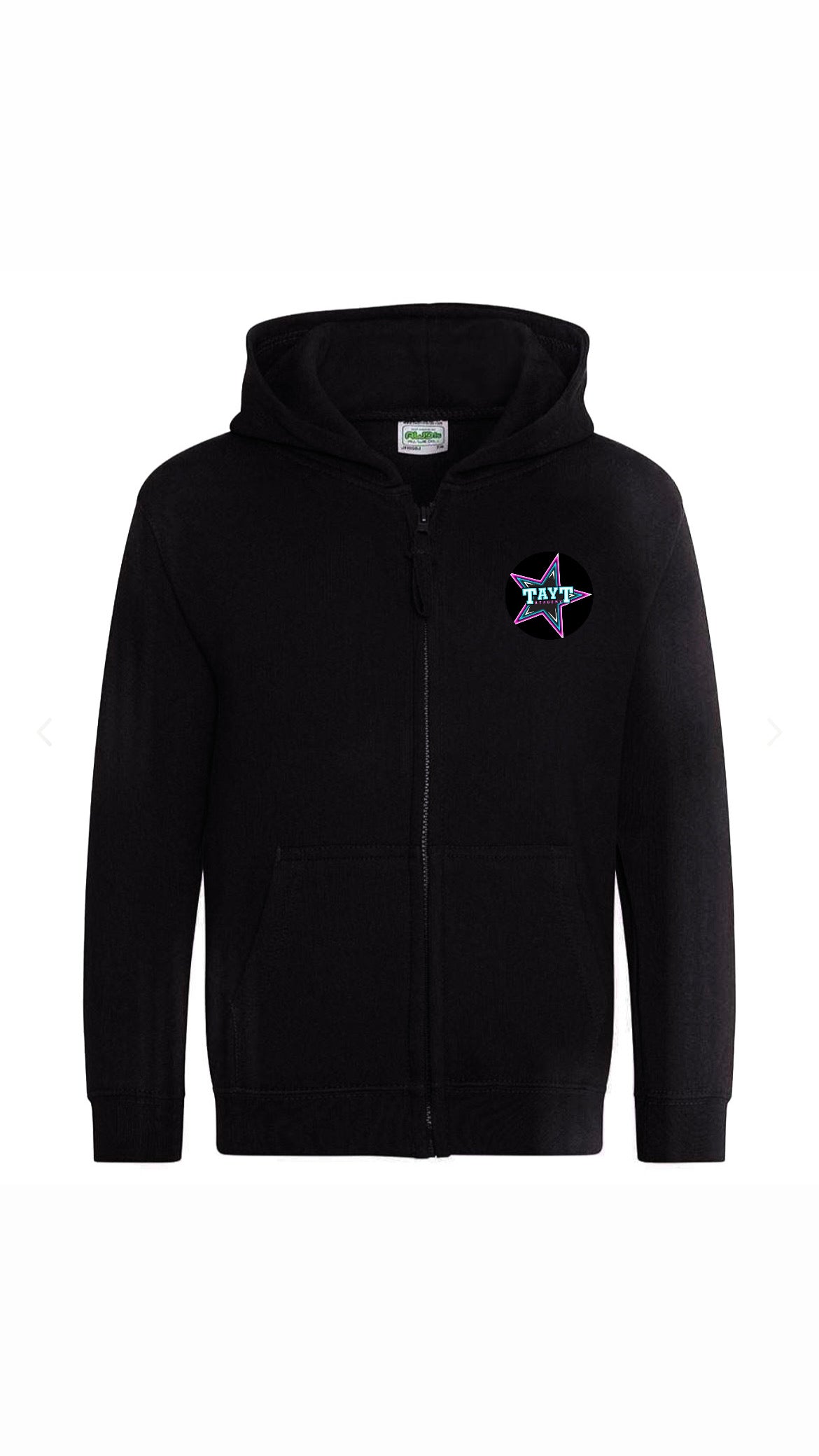 Tayt Black zip up hoodie with left chest logo and large logo on back