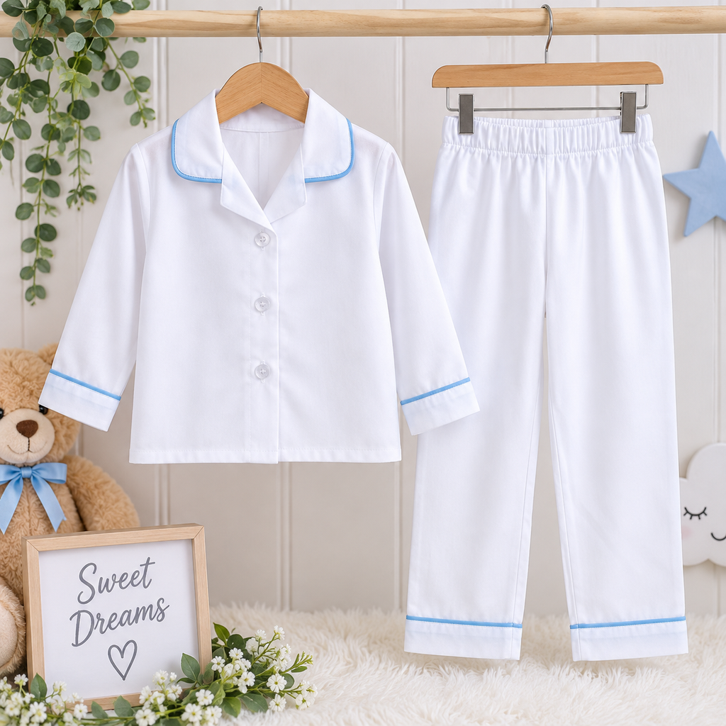 White Pyjamas with Blue Piping