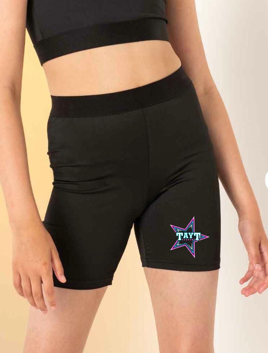 Black shorts with logo on left leg