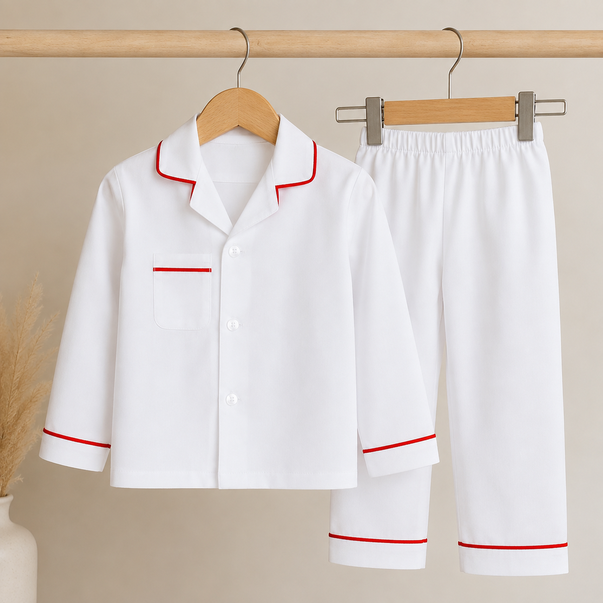 White Pyjamas with Red Piping