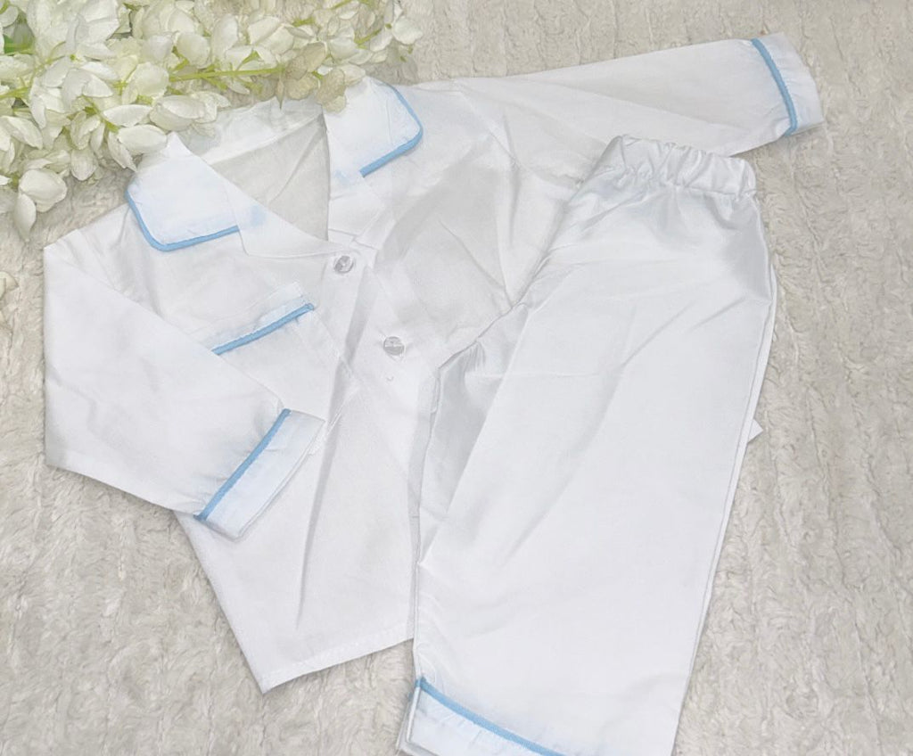 White Pyjamas with Blue Piping