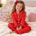 Girls red silky pjs with frill trim