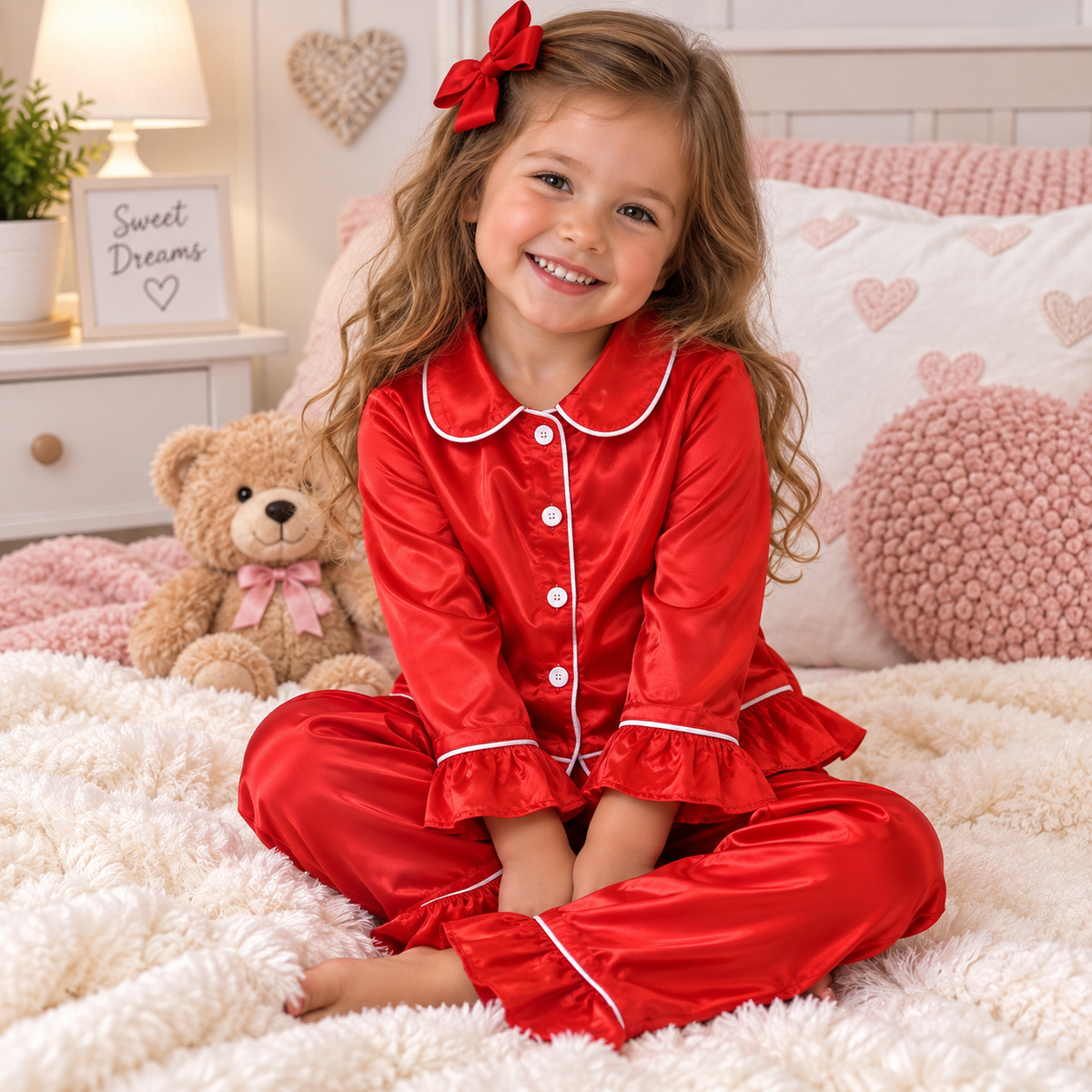 Girls red silky pjs with frill trim