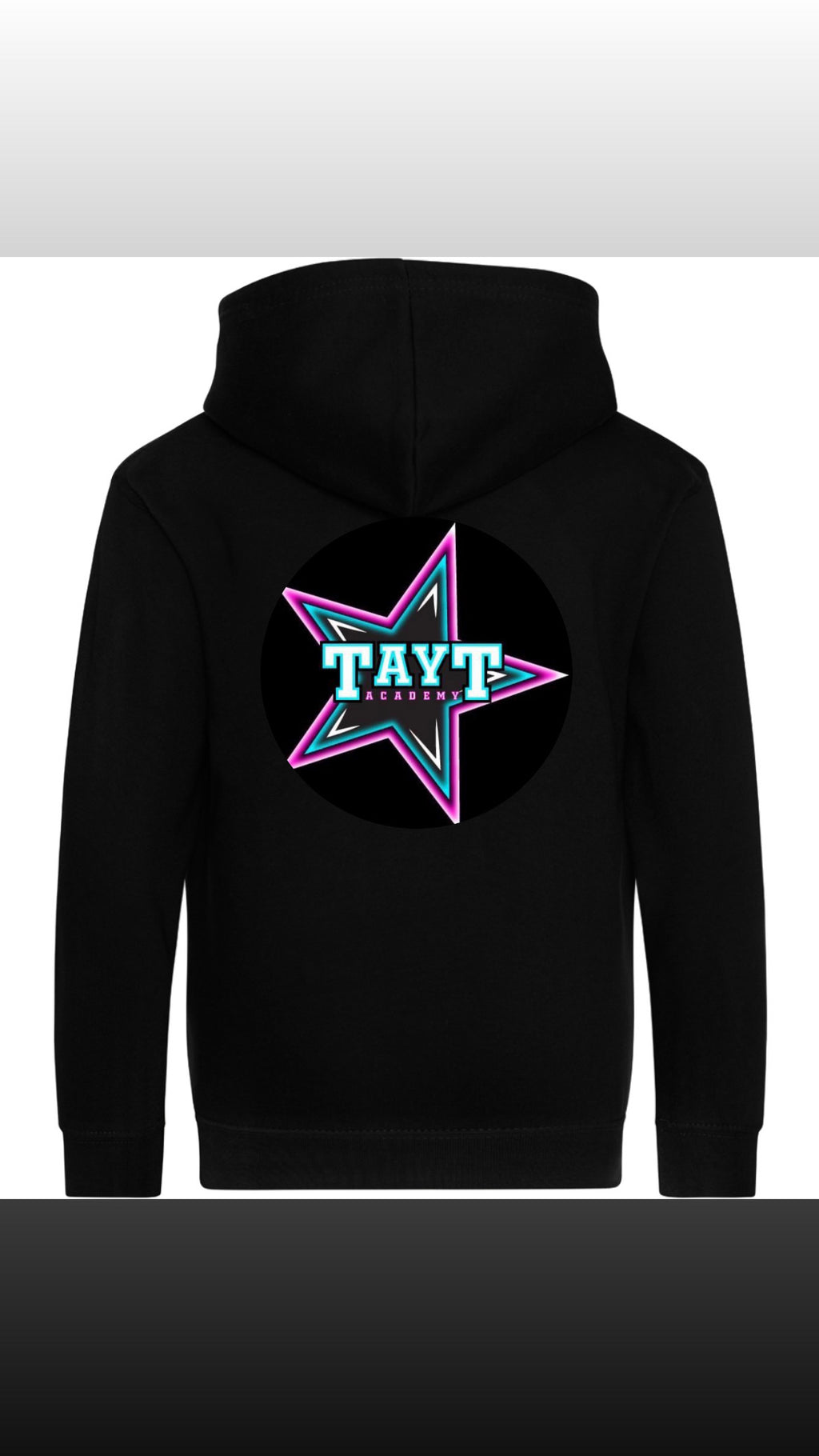 Tayt Black zip up hoodie with left chest logo and large logo on back
