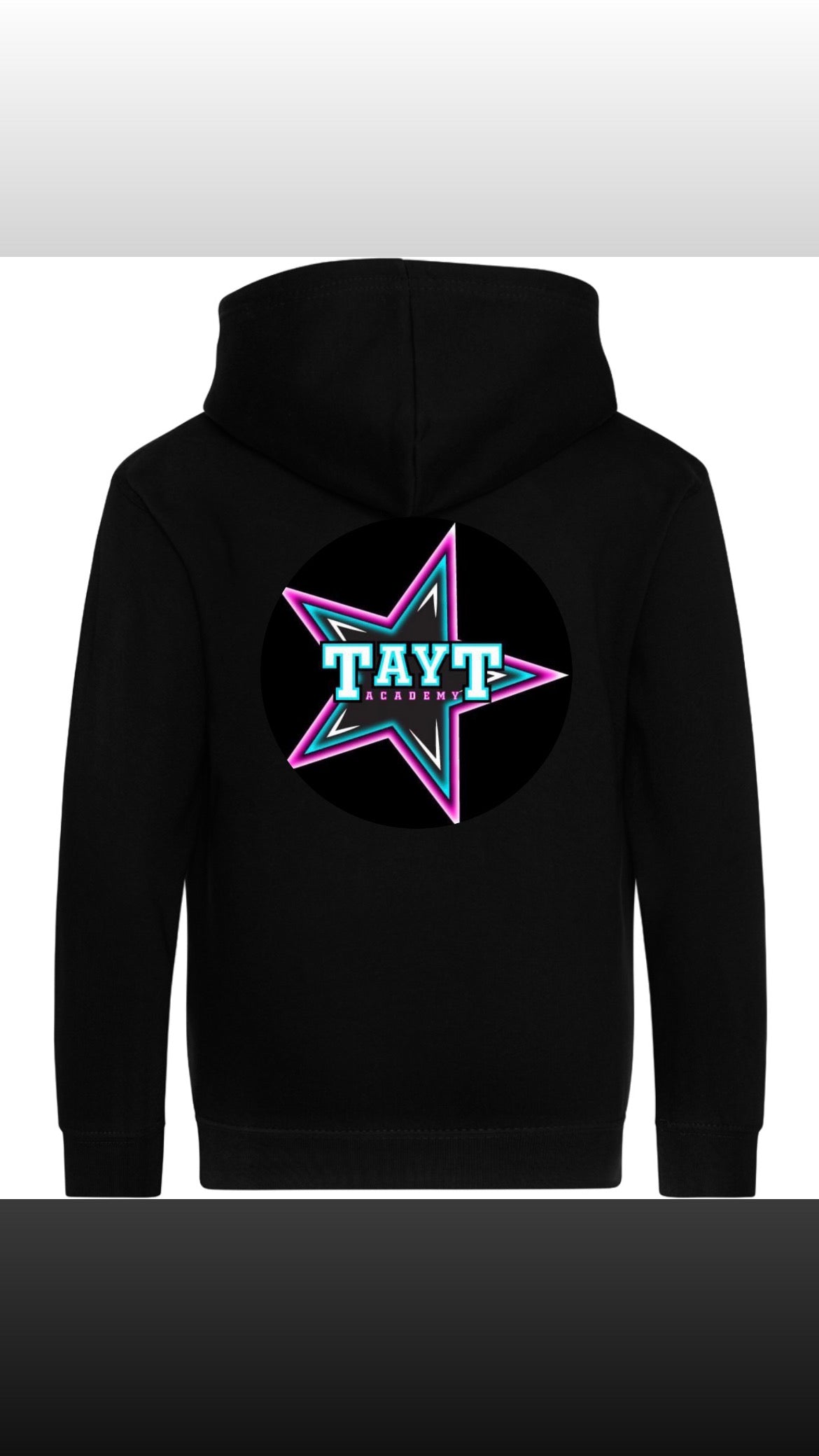 Tayt Black zip up hoodie with left chest logo and large logo on back