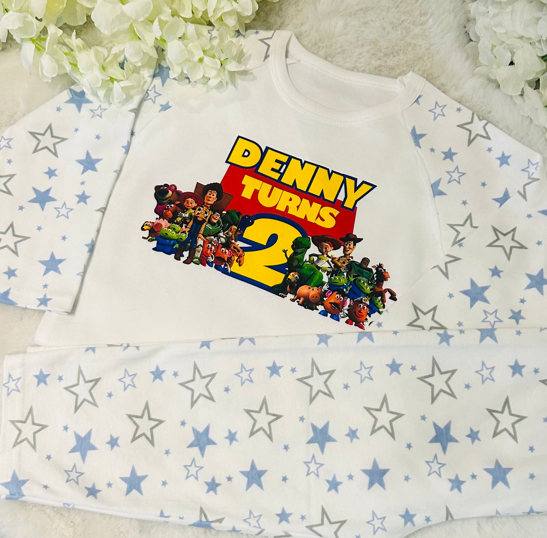 White Pyjamas with Grey and Blue Stars