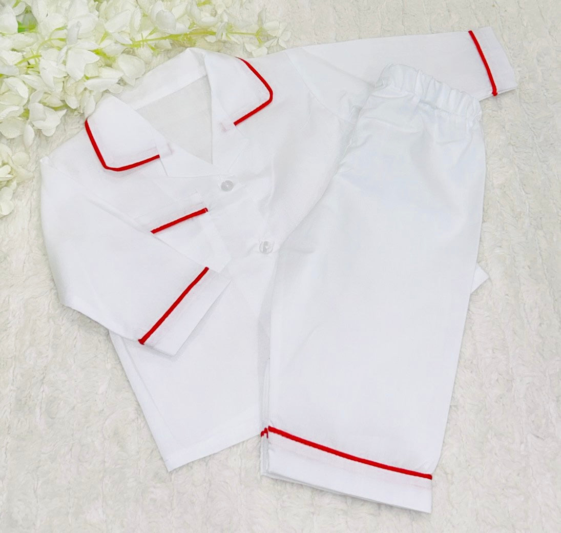 White Pyjamas with Red Piping