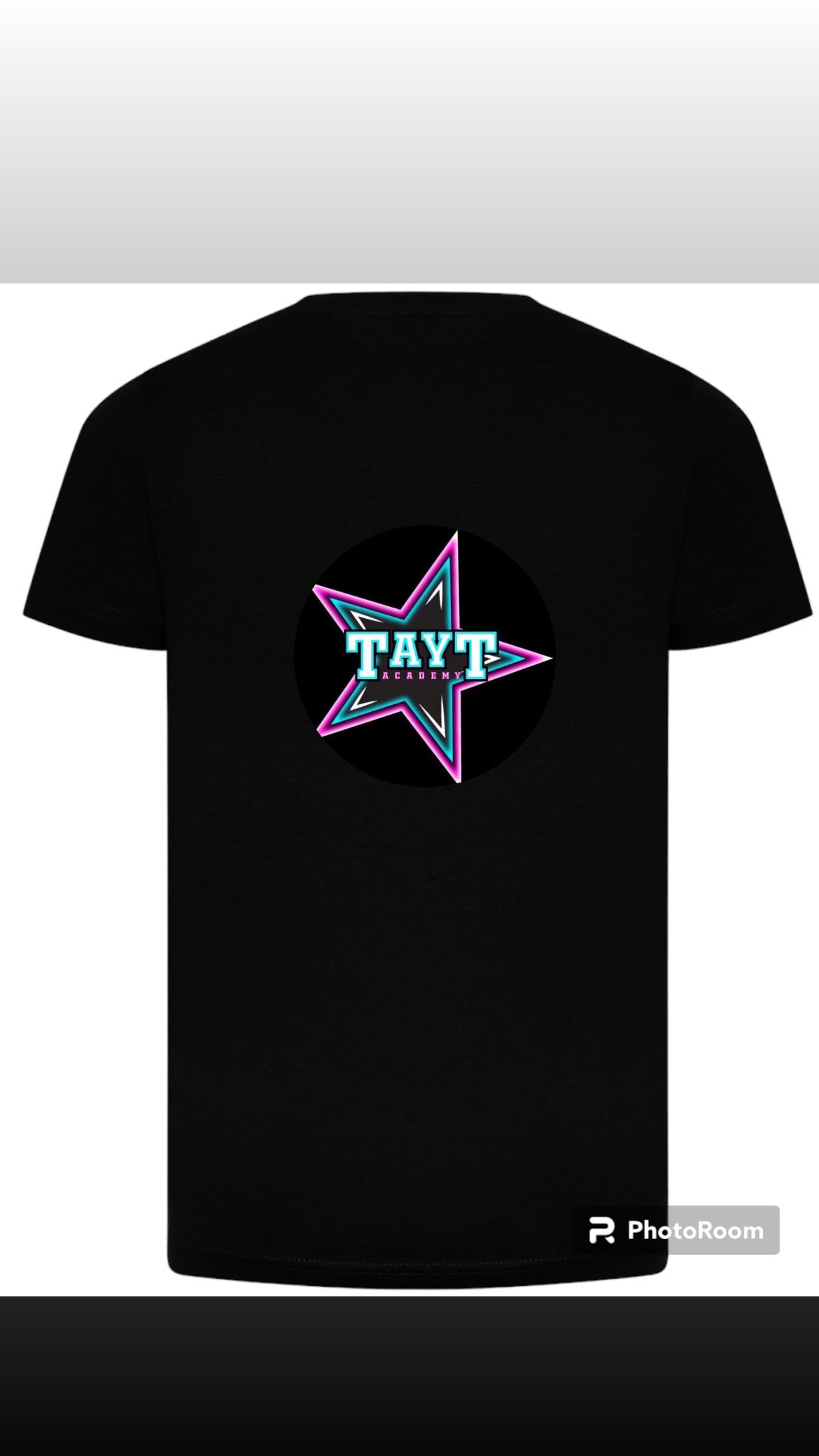 Black T-shirt with logos front and back